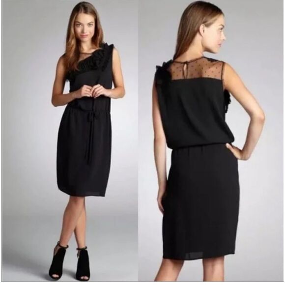 NWT BCBG MaxAzria Angeline black crepe neckline dress drawstring waist siz large - Picture 1 of 7